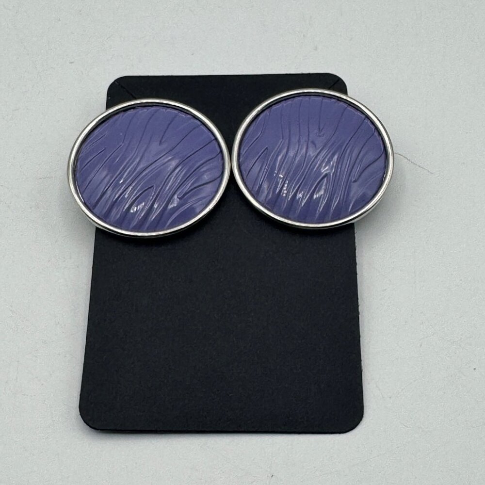 Round Purple Textured Statement Earrings With Silver-Tone Frame